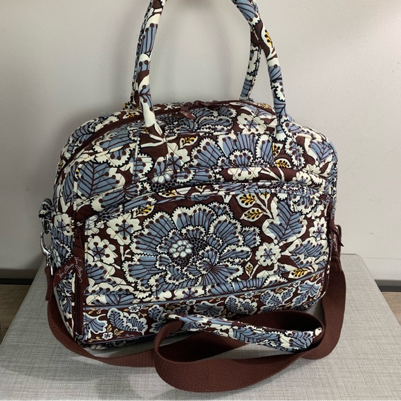 VERA BRADLEY Quilted SLATE BLOOMS Brown Blue LAPTOP Carry On TRAVEL Satchel BAG - Picture 3 of 9